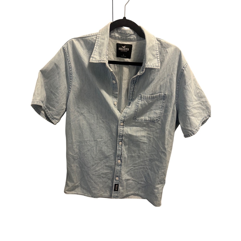 Hollister L Light‎ Wash Denim Short Sleeve Button Up Shirt Chambray | Great Cond